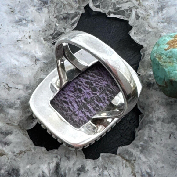 Sterling Southwestern Style Purpurite Decorated Bar Ring Size 8 For Women - Picture 7 of 10